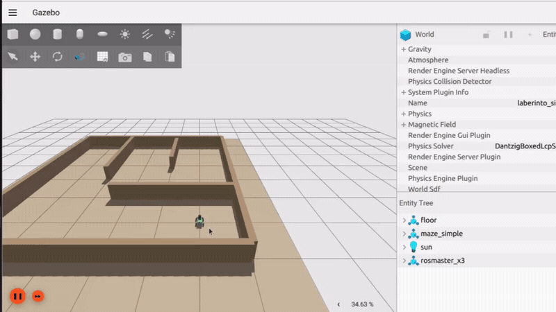Marcando "2D Pose Estimate" en RViz: el robot espera quieto unos segundos a que asiente el filtro de partículas antes de arrancar a explorar y planificar el camino