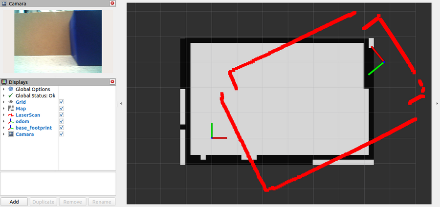 RViz con el lidar girado unos 35 grados respecto del mapa y el robot dibujado sobre la pared de la arena