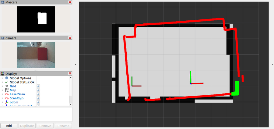 RViz con la máscara del detector (una mancha blanca con la forma de la caja), la imagen de la cámara con la caja roja al fondo y, en el mapa, los puntos verdes de /scan_rojo sobre la caja en la esquina
